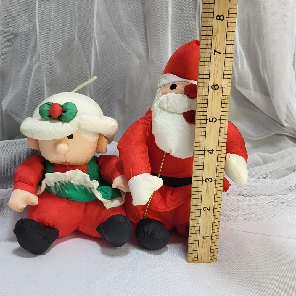 Santa & Mrs Claus 7in Nylon Puffy Stuffed Christmas Plush Table Decor VTG 1993